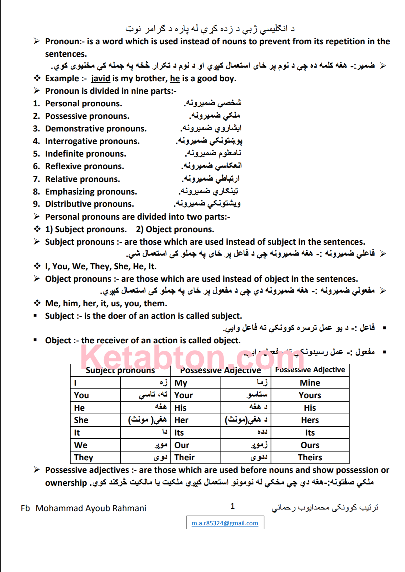 د انګلیسی ګرامر مختصر نوټ