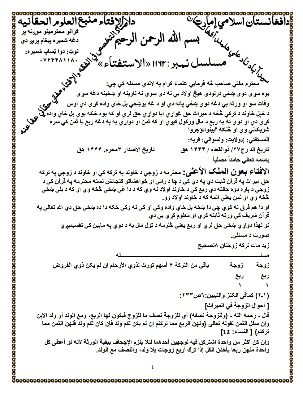 دښځي د پاره حق میراث په ترکه د خاوند کي په قرآن ثابت دی